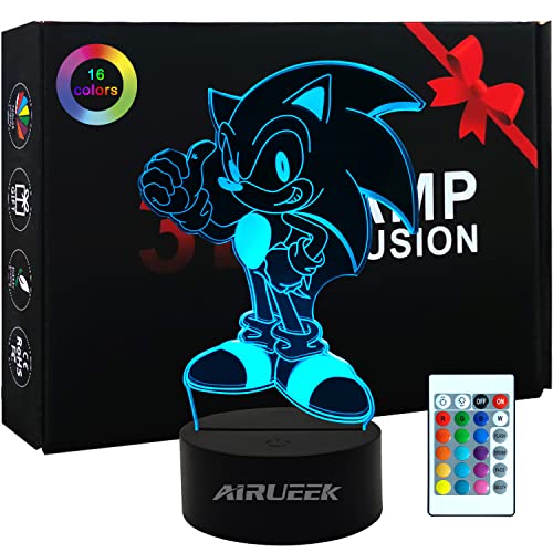 3D Illusion Sonic Hedgehog Night Light, lámpara de mesa de anime con control remoto para decoración de dormitorio infantil, iluminación creativa para niños y fanáticos