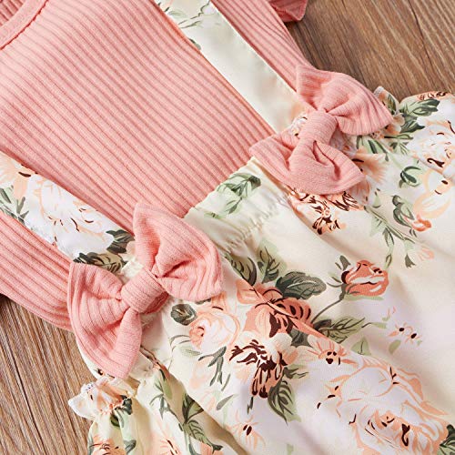 AIOIDI Conjunto Ropa Bebe Niña Recien Nacido Verano Floral Falda de Tirantes+Manga Corta Volantes Mameluco+Diademas con lazo 3 piezas,Rosa 2,3-6meses