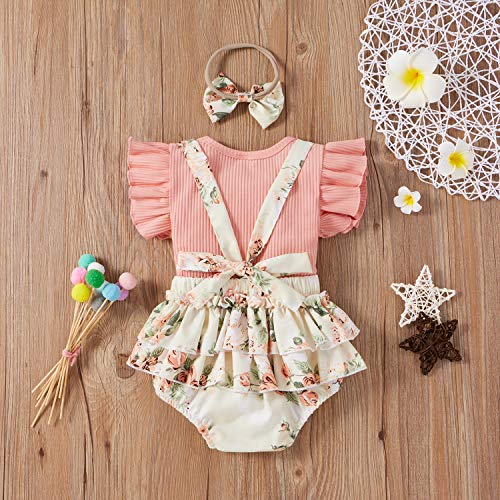 AIOIDI Conjunto Ropa Bebe Niña Recien Nacido Verano Floral Falda de Tirantes+Manga Corta Volantes Mameluco+Diademas con lazo 3 piezas,Rosa 2,3-6meses