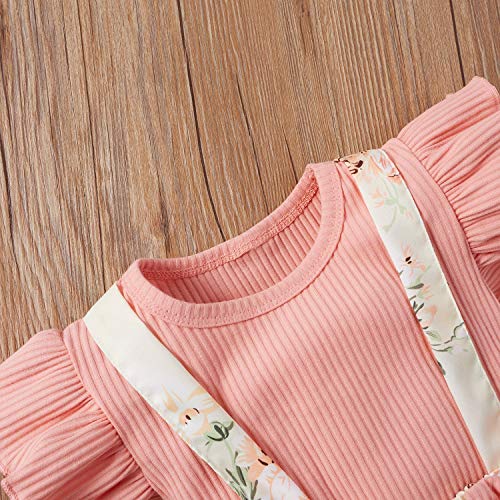 AIOIDI Conjunto Ropa Bebe Niña Recien Nacido Verano Floral Falda de Tirantes+Manga Corta Volantes Mameluco+Diademas con lazo 3 piezas,Rosa 2,3-6meses