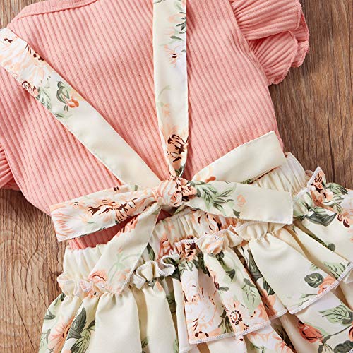 AIOIDI Conjunto Ropa Bebe Niña Recien Nacido Verano Floral Falda de Tirantes+Manga Corta Volantes Mameluco+Diademas con lazo 3 piezas,Rosa 2,3-6meses