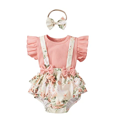 AIOIDI Conjunto Ropa Bebe Niña Recien Nacido Verano Floral Falda de Tirantes+Manga Corta Volantes Mameluco+Diademas con lazo 3 piezas,Rosa 2,3-6meses