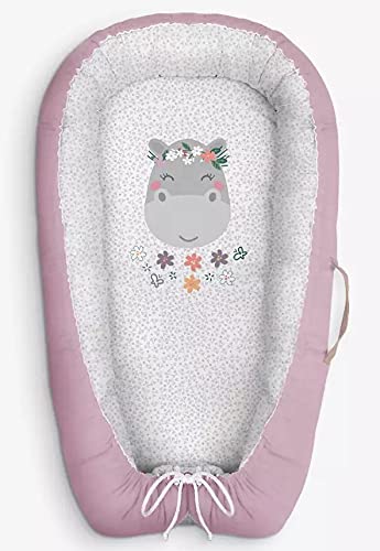 Albero Mio Animals & Love Baby Nest 80 x 50 cm, hipopótamo, ideal para dormir y descansar, 100% algodón ecológico, color rosa, rosa y blanco