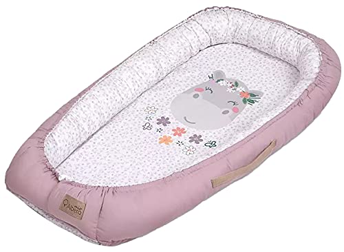 Albero Mio Animals & Love Baby Nest 80 x 50 cm, hipopótamo, ideal para dormir y descansar, 100% algodón ecológico, color rosa, rosa y blanco