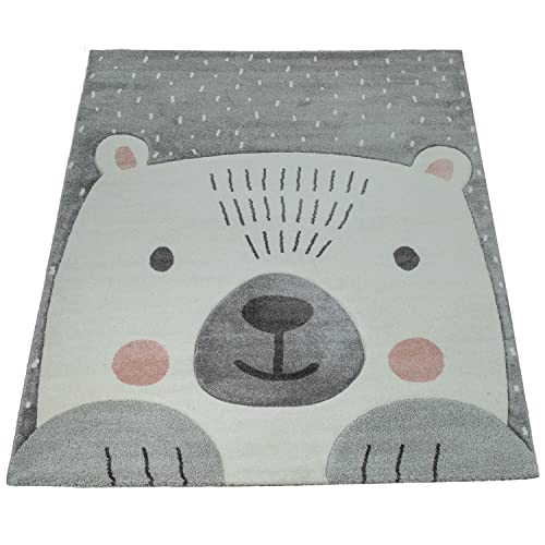 Alfombra Infantil Adorable Pelo Corto Oso Alegre 3D Moderna En Gris Blanco, tamaño:120x170 cm