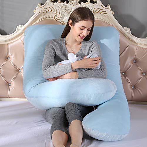 Almohada de Maternidad con Forma de U, Almohada de Embarazo para Todo el Cuerpo y Maternidad con Funda Lavable para Dormir de Lado y Soporte para la Espalda (Azul (Terciopelo))