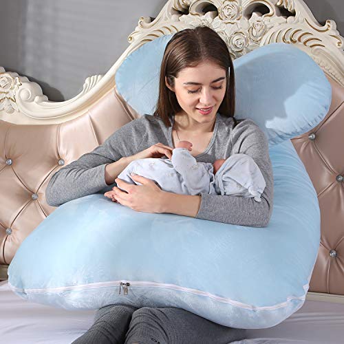 Almohada de Maternidad con Forma de U, Almohada de Embarazo para Todo el Cuerpo y Maternidad con Funda Lavable para Dormir de Lado y Soporte para la Espalda (Azul (Terciopelo))