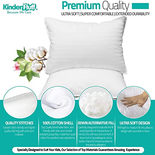 Almohada Kinder Fluff para niños pequeños (paquete de 2) - La única almohada con relleno alternativo de plumón y algodón suave 300T. Hipoalergénico y lavable a máquina. Almohada de bebé ideal para cama de niño pequeño o almohada de viaje.