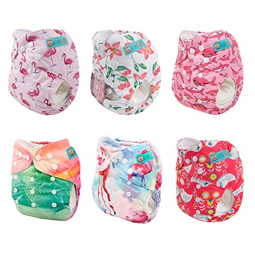 ALVABABY Pack 6pcs Pañales de tela ajustables y lavables de bolsillo + 12 insertos 6DM06-ES