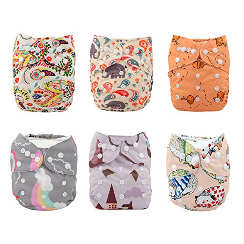 ALVABABY Pack 6pcs Pañales de tela ajustables y lavables de bolsillo + 12 insertos 6DM27-ES