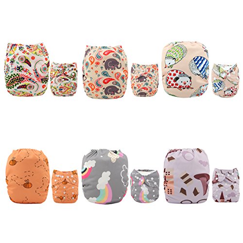 ALVABABY Pack 6pcs Pañales de tela ajustables y lavables de bolsillo + 12 insertos 6DM27-ES