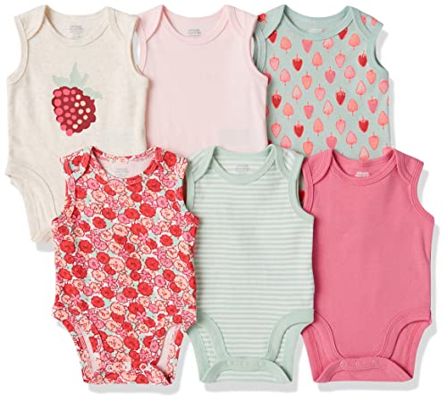 Amazon Essentials Baby Sleeveless Bodysuits Disfraces para bebés y niños pequeños, Rosa, Estampado de Bayas, 18 Meses, Pack de 6