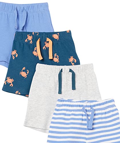 Amazon Essentials Cotton Pull-On Shorts Disfraces para bebés y niños pequeños, Azul, Vida Marina, 9-12 Meses, Pack de 4