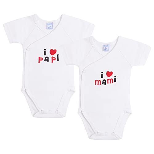 Amomí Body Bebé Cruzado para Recién nacido Manga Corta personalizados I Love mami, I Love papi 3 Meses 100% algodón combed (3 Meses, A21046)