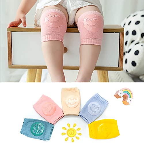 Ancuioyz 5 Pares De Rodilleras Para Mangas De Gateo, Ayuda Para Gatear Antideslizante Para Bebés, Algodón Unisex Con Protector Antideslizante De Goma Sonriente Para Niños Pequeños 0-24 Meses