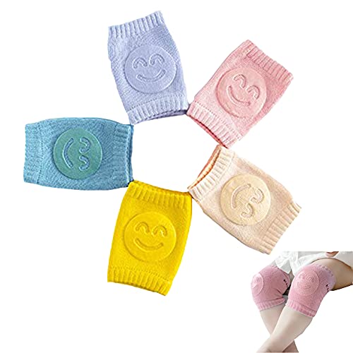 Ancuioyz 5 Pares De Rodilleras Para Mangas De Gateo, Ayuda Para Gatear Antideslizante Para Bebés, Algodón Unisex Con Protector Antideslizante De Goma Sonriente Para Niños Pequeños 0-24 Meses