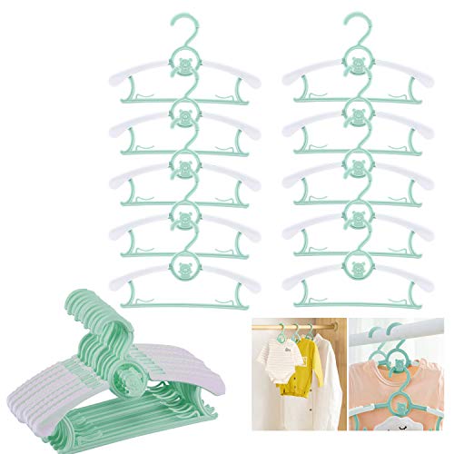 auvstar Perchas Infantiles,Ajustable Perchas Niños,Perchas de Plástico para Bebés con Ganchos Apilables para Ahorrar Espacio Antideslizantes, Perchas para Ropa de Bebé y Niños Pequeños(28-37cm)(Verde)