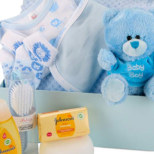 Baby Box Shop - Cesta regalo bebe - Regalos originales para baby shower con esenciales para bebes recien nacidos que incluye oso de peluche y caja recuerdos azul…