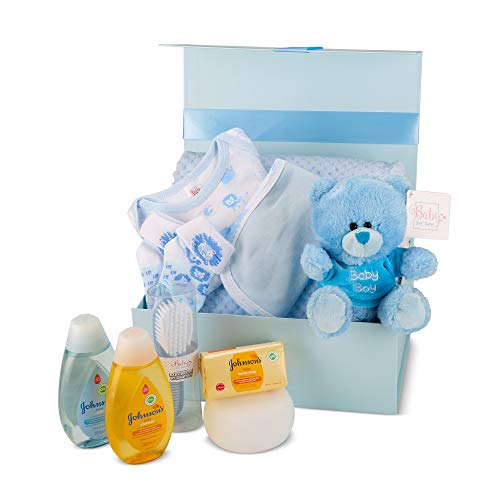 Baby Box Shop - Cesta regalo bebe - Regalos originales para baby shower con esenciales para bebes recien nacidos que incluye oso de peluche y caja recuerdos azul…