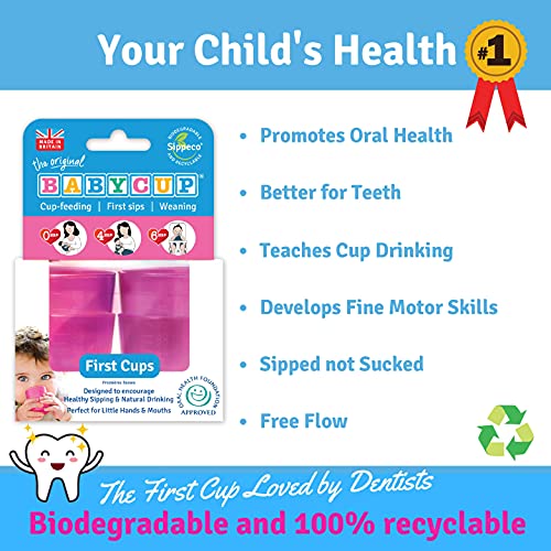 Babycup Primer Vaso - taza de aprendizaje para bebés y niños 4m+, sippy cup abierta graduada y transparente, 100% biodegradable y reciclable, libre de BPA, capacidad de 50ml, set de 4, (rosa)