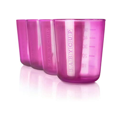 Babycup Primer Vaso - taza de aprendizaje para bebés y niños 4m+, sippy cup abierta graduada y transparente, 100% biodegradable y reciclable, libre de BPA, capacidad de 50ml, set de 4, (rosa)