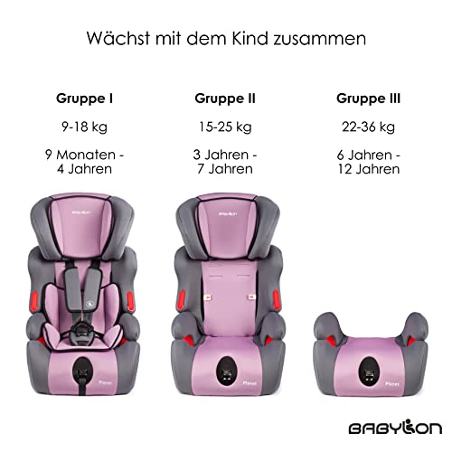 BABYLON Silla Coche Grupo 1 2 3 Planet. Silla coche para Niños 9-36 kg,silla coche bebe (1 a 12 años).Silla bebe coche sin isofix ECE R44 /0 gris/violeta claro