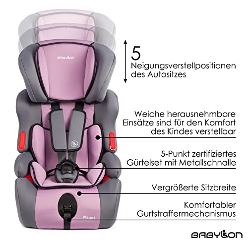 BABYLON Silla Coche Grupo 1 2 3 Planet. Silla coche para Niños 9-36 kg,silla coche bebe (1 a 12 años).Silla bebe coche sin isofix ECE R44 /0 gris/violeta claro