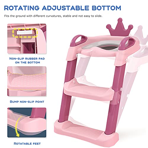 Balakaka Adaptador WC Niños con Escalera, Plegable Altura Regulable Antideslizante Asiento Inodoro con Cojín Respaldo Pedales Extra Anchos Capacidad de Carga Máxima de 75 kg para Infantil 1-10 años