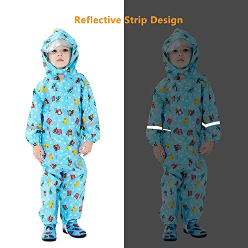 Baogaier Impermeables para Niñas Niños Chubasqueros Chaquetas Capa de Lluvia Encapuchado Mono de Bolsillo Azul Mono Reflectante Abrigos Impermeables Unisex Bebé 3-4 años - Azul