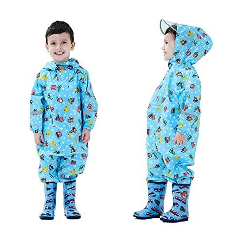 Baogaier Impermeables para Niñas Niños Chubasqueros Chaquetas Capa de Lluvia Encapuchado Mono de Bolsillo Azul Mono Reflectante Abrigos Impermeables Unisex Bebé 3-4 años - Azul