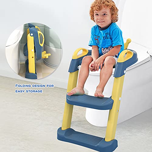 Barakara Adaptador WC Niños con Escalera, Plegable Altura Regulable Antideslizante Asiento Inodoro con Cojín Respaldo Pedales Extra Anchos Capacidad de Carga Máxima de 75 kg para Infantil 1-10 años