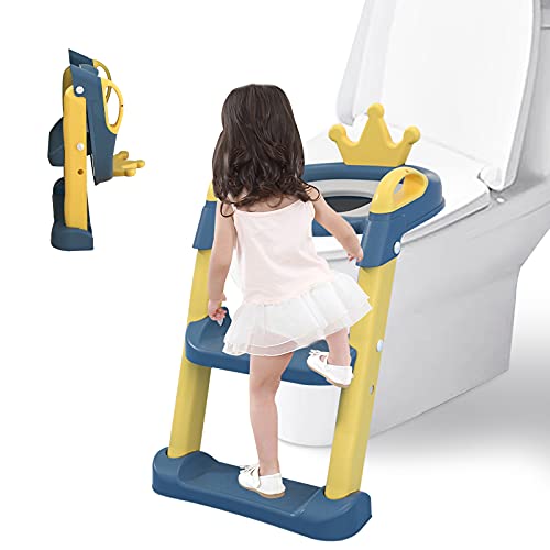 Barakara Adaptador WC Niños con Escalera, Plegable Altura Regulable Antideslizante Asiento Inodoro con Cojín Respaldo Pedales Extra Anchos Capacidad de Carga Máxima de 75 kg para Infantil 1-10 años