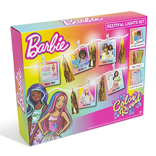 Barbie Juego de luces de festival – Barbie Color Reveal Night Light Set contiene luces de hadas con clavijas para imágenes, pegatinas y borlas – Accesorios Barbie para niñas 3+