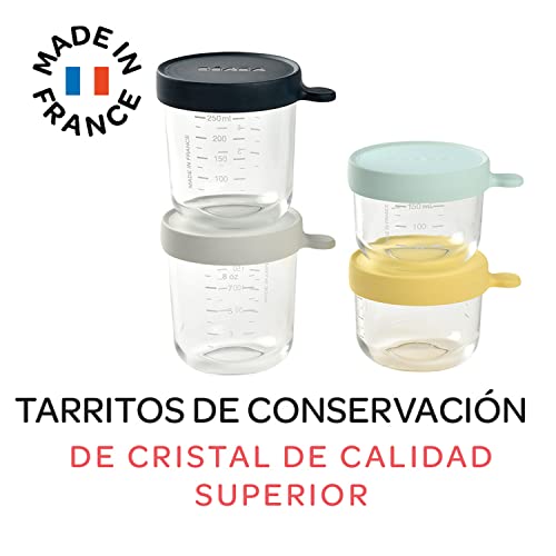 BÉABA Lote 4 Tarros de Conservación de alimentos bebé, Fabricado en Francia, 100% Hermético, resiste a golpes térmicos, marcas de graduación, 2x150ml Amazrillo/Azul Claro | 2x250ml Azul Oscuro/Gris