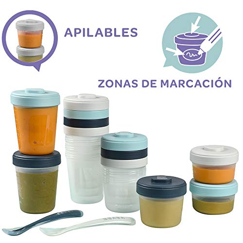 Béaba Lote de 12 Tarros de Conservación y 2 Cucharas de aprendizaje en Silicona, 100% Herméticos, Congelación, Leche Materna, 2 x 90 ml + 4 x 150 ml + 6 x 250 ml, Multicolor (Storm), 913501