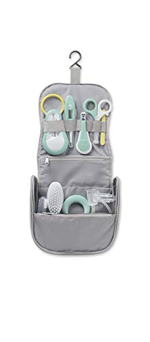 BÉABA Neceser para Bebé, Set de Cuidado Recien Nacido, 9 accesorios, Termómetro de baño + Termómetro digital + Aro de dentición + Masajeador de encías + Aspirador nasal para bebés, Gris