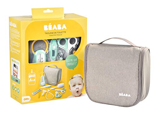 BÉABA Neceser para Bebé, Set de Cuidado Recien Nacido, 9 accesorios, Termómetro de baño + Termómetro digital + Aro de dentición + Masajeador de encías + Aspirador nasal para bebés, Gris