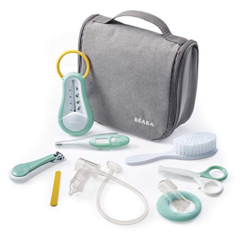 BÉABA Neceser para Bebé, Set de Cuidado Recien Nacido, 9 accesorios, Termómetro de baño + Termómetro digital + Aro de dentición + Masajeador de encías + Aspirador nasal para bebés, Gris