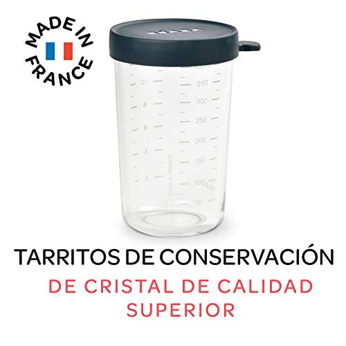 BÉABA Tarros de Conservación para Bebé, Tupper en Cristal, Resistente al calor, Recipientes para guardar la comida de Bebé, Con indicador de cantidad, 1x 400ml, Azul oscuro