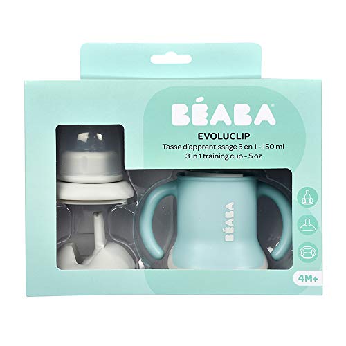 BÉABA Taza de Aprendizaje para Bebés, Función de Biberón/Agua/Taza, A Prueba de Fugas, Fácil Agarre, Ergonómico, Pajita, Evoluclip 3 en 1, Tapa, Azul