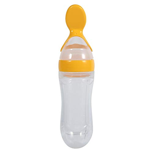 Bebé de silicona para bebés - 1Pc 90mL Biberón de silicona para bebés con cuchara Cuchara de alimentos frescos Alimentador de cereal caliente(amarillo)