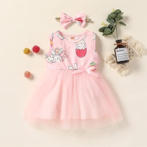 Bebé Niña Vestido sin Manga para Pascua Vestido de Princesa con Estampado de Conejos y Capas de Tul Vestido Lindo de Cuello Redondo para Niña Pequeña (Rosa, 3-4 Años)