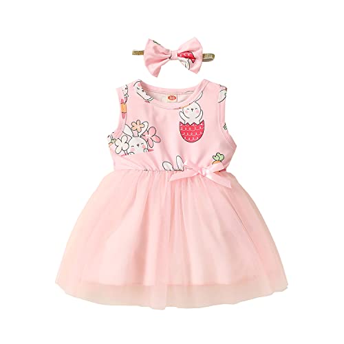 Bebé Niña Vestido sin Manga para Pascua Vestido de Princesa con Estampado de Conejos y Capas de Tul Vestido Lindo de Cuello Redondo para Niña Pequeña (Rosa, 3-4 Años)