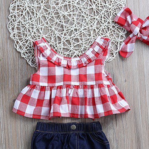 Bebé Recién Nacida Ropa Verano 3 Piezas Conjunto Top Camiseta Corta sin Mangas + Pantalones Cortos de Cintura Elástica + Diadema Traje para Niñas Pequeñas (Rojo + Denim, 2-3 Años)