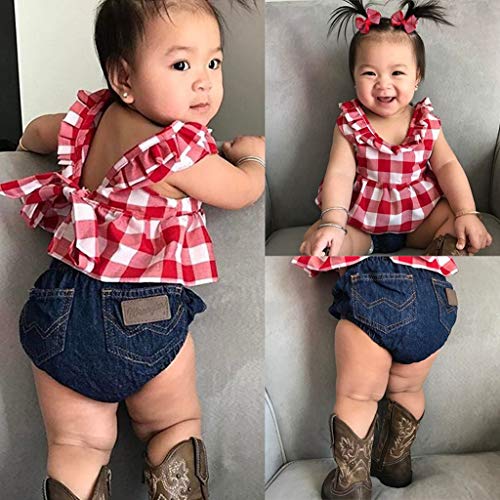 Bebé Recién Nacida Ropa Verano 3 Piezas Conjunto Top Camiseta Corta sin Mangas + Pantalones Cortos de Cintura Elástica + Diadema Traje para Niñas Pequeñas (Rojo + Denim, 2-3 Años)