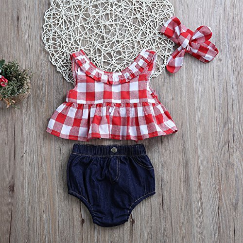 Bebé Recién Nacida Ropa Verano 3 Piezas Conjunto Top Camiseta Corta sin Mangas + Pantalones Cortos de Cintura Elástica + Diadema Traje para Niñas Pequeñas (Rojo + Denim, 2-3 Años)