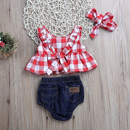 Bebé Recién Nacida Ropa Verano 3 Piezas Conjunto Top Camiseta Corta sin Mangas + Pantalones Cortos de Cintura Elástica + Diadema Traje para Niñas Pequeñas (Rojo + Denim, 2-3 Años)