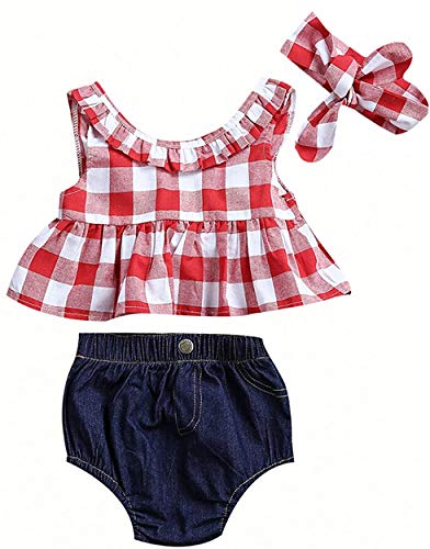 Bebé Recién Nacida Ropa Verano 3 Piezas Conjunto Top Camiseta Corta sin Mangas + Pantalones Cortos de Cintura Elástica + Diadema Traje para Niñas Pequeñas (Rojo + Denim, 2-3 Años)