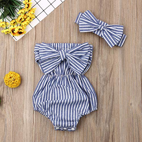 Bebé Ropa Verano Mameluco sin Manga para Niñas Pequeñas Tops Mono de Cuerpo de Rayas Conjunto Body Camiseta sin Tirantes con Bowknot + Diadema (Azul, 6-12 Meses)