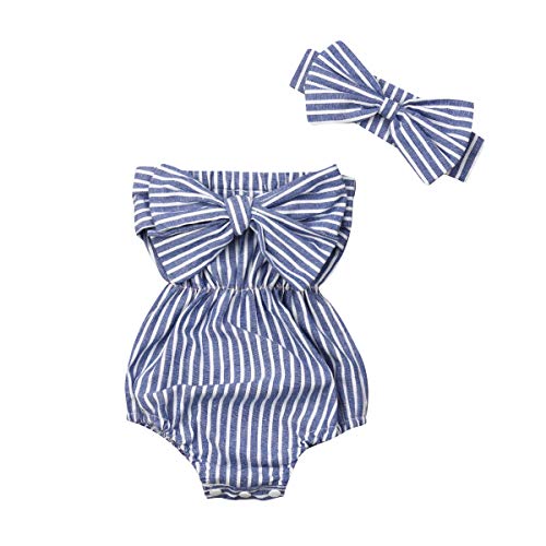 Bebé Ropa Verano Mameluco sin Manga para Niñas Pequeñas Tops Mono de Cuerpo de Rayas Conjunto Body Camiseta sin Tirantes con Bowknot + Diadema (Azul, 6-12 Meses)